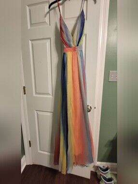 Rainbow Striped V-Neck Maxi Dress
